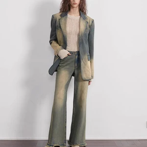 New Popular Women's Vintage Denim Jacket Pants Fashion Set Suit Wide Shoulder Blazer High-Waisted Trousers Two-Piece Set