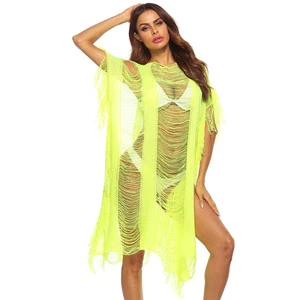 Boho Kimono Beach Cover up Women White Long Beach Cover up Crochet See-through Beachwear Ladies Bathing Suit Swim