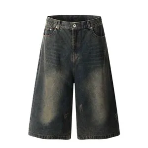 Custom Logo Men's Casual Mid Waist Denim Jeans Shorts Button Decoration Straight Raw 100% Cotton Distressed WASHED Elastic Waist