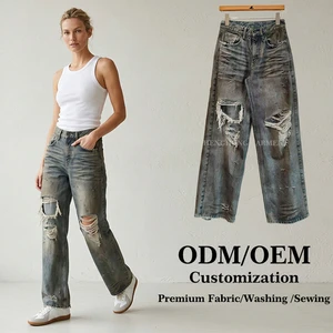OEM Custom Vintage Muddy Washed Ripped Jeans Women High Waist Distressed Denim Pants Y2K Streetwear Loose Straight Leg Trousers