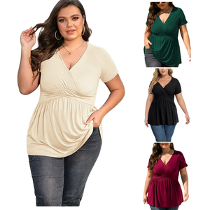 Women's Plus Size T-Shirt Spring Summer Casual V-Neck Blouse Short Sleeves Solid Color Breathable Knitted 160g 100% Digital
