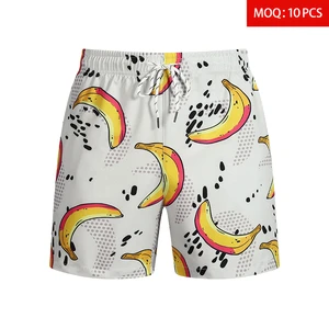 Custom Logo Wholesale Men's Lightweight Quick Dry Mid Knee Length Swim Trunks Cartoon Banana Print Drawstring Elastic Shorts