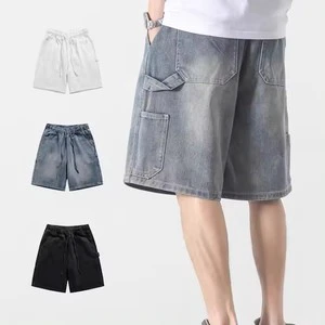 Summer Vintage Men's Denim Half Pants-jorts Mid Waist Baggy Work Shorts With Patchwork Design Loose Streetwear Style
