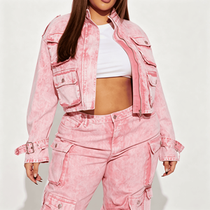 Custom Plus Size Acid Wash Denim Cargo Jacket Women Pink Tie Dye Cropped Utility Zip Front Stand Collar Y2K Streetwear Regular