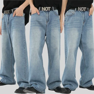 HONFIT Men's Light Wash Denim Jeans with Screen Print Comfort Loose Wide-Leg Pants Casual Streetwear Trousers for B2B Bulk Order