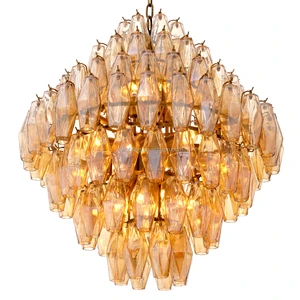Luxury Brass Modern Amber Smoke Glass Gold Ceiling Chandelier Light With Diamond-shaped Glass