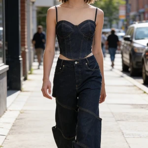 Women's Denim Set Two Piece Retro Dark Wash Denim Corset Top & Deconstructed Layered Wide Leg Pants Set