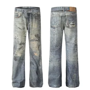 Vintage Baggy Y2k Jeans Distressed Scratch Stain Mid Rise Flared Loose Grunge Street Daily Bottoms Mens Jeans