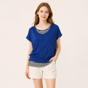 Women's Blue White Stripe Layered Sleeveless Top Royal Blue Batwing Outer + Black White Striped Inner Layers Casual