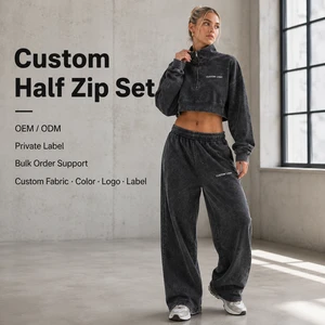 Half Zip Set Womens Charcoal Grey Washed Cotton Fleece Cropped Half Zip Up Stand Collar Pullover Wide Leg Pants Tracksuit