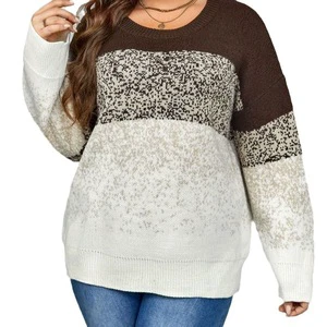 Hot Sale Women's Plus Size Striped Color Block Tops Long Sleeve Crewneck Casual Loose Fit Soft Knit Pullover Sweater for Daily