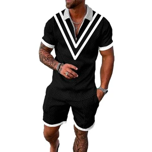 Contrast Color Geometric Stitching Casual Breathable Street Summer Knitted Men's Set