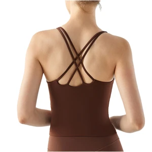 Women's Simple Breathable Cross Back Tank Yoga Sports Bra Front One-Piece Push-Up Training Vest Removable Pads Light Support