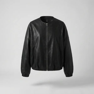 Ladies' Solid Long Sleeve Round Neck PU Leather Bomber Jacket With Pockets and Zipper Closure-OEM Customization Spring/Autumn