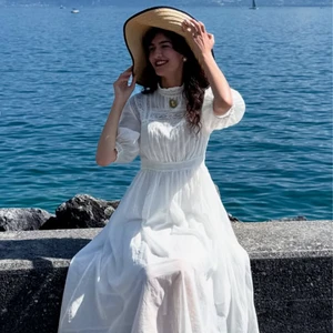 Custom OEM Women White Vintage Lace Maxi Dress Summer Puff Sleeve High Neck Bohemian Beach Resort Vacation Dress