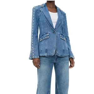 Custom High Quality Women's Denim Jacket Studs Rivets Stonewashed Regular Fit Cotton Jeans Coat Autumn Winter Vintage Jackets