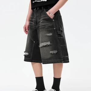 Custom High Quality Vintage Mid-rise Men's Denim Shorts Straight Button Distressed Acid-washed Trendy Jeans