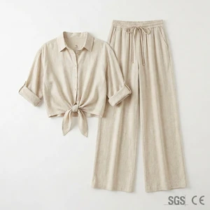 55 Linen 45 Viscose Casual 2 Piece Pant Set Women Wide Leg Trouser Short Sleeve Shirt Resort Wear Summer Custom OEM Plus Size