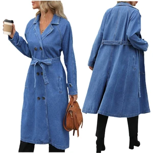 Y218787 Trendy Long Denim Jacket Women Long Sleeve Suit V-neck Double Breasted Women's Denim Jackets Coats Windbreaker with Belt