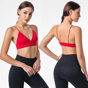 Hot Sale Seamless Sports Bras for Women Removable Cup V Neck Bra Seamless Wireless Thin Strap Light Impact Fitness Yoga Bra