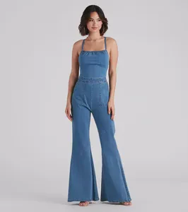 New Autumn Custom Printed Logo Women's Clothing Sexy Skinny Open Back Cross Halter Top Casual Overall Jeans Jumpsuit Denim Women