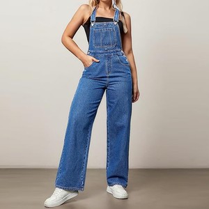 OEM/ODM Women's Casual Streetwear Straight Fit Jeans Overalls Baggy Fit Bib Denim Jumpsuit Pants Adjustable Straps Washed