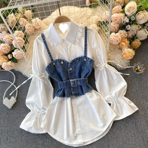 Autumn Casual Plus-Size Women's Two-Piece Set Woven Denim Halter Vest With Puffed Sleeve and Solid Pattern Shirt