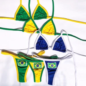 Custom Wholesale Swimwear Sexy Embroidery Brasil Flag Contrast Split Bikini Set Women Patchwork Swimsuit Hottie Outfit Beachwear