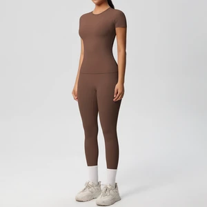 Women's Lightweight 2-Piece Gym Yoga Sports Set Short Sleeve Fitness Running Suit Solid Plus Size Workout Clothing Breathable