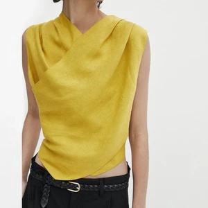 OEM Summer Women Clothing Slim Linen and Cotton V Neck Sleeveless Top Vest Casual Ladies Short Blouse
