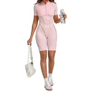 Women's New Sports Jumpsuit Workout Sportwear Lined Quick Dry Yoga Suit Running Fitness V-neck Back Short Sleeve