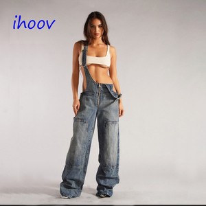 Women's Loose Fit Denim Overalls Jumpsuits Summer Breathable Cargo Pants with Digital Print for Comfort and Style