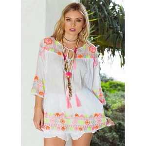 Seaside Customized Wholesale Hot Beautiful Summer Neon Color Embroidered Neck Tassel String Top Blouse Swimwear Beach Cover up