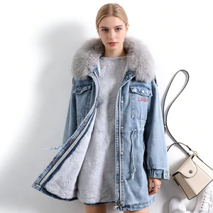 Factory Custom Stylish Women Winter Jean Jackets Women's Long Casual Coat Breathable Cotton Crocheted Winter Coat Fur Collar