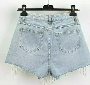 Women's High Waist Denim Shorts Asymmetric Tassel Distressed Washed Cotton Casual Summer Shorts
