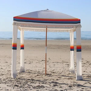 6.5 FT Luxury Stripe Outdoor Polycotton Canopy Sun Shade Shelter Wooden Pole 100% Cotton Fringe Beach Cabana With Storage Bag