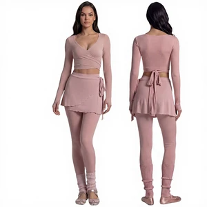Women's Solid Color Fitness Sports Suit, Long Sleeve Crop Top, Tie-up Skirt, Leggings, 3-Piece Yoga Set, Quick-Dry Clothes