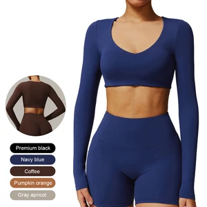 Women Workout Seamless Open Front Crop Top Long Sleeve Padded Sport Low Medium Impact Sexy Slim Fit Yoga Shirt with Built in Bra