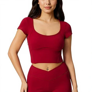 Women's Breathable Short-Sleeve Yoga Top Built-In Padded Bra Spandex/Nylon Material Slimming Regular Fit Solid Pattern Simple