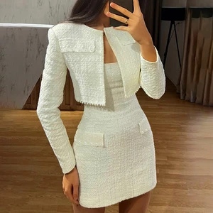Women's Solid Nonwoven Elegant Pearl Collarless Beading Casual Long Sleeve Satin Eco-Friendly Coat Top Skirt 2-Piece Set