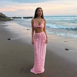 Bikini Women Swimsuit Two Piece Set with Floral Tie-Up Long Skirt Hand-Crocheted Floral Beach Cover-Up