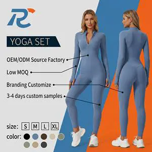 Long Sleeve Yoga Jumpsuit With Thumb Holes Front Zipper One Piece Fitness Bodysuit Bodycon Gym Romper Workout Sportswear