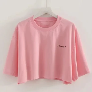 Women Oversized Crop Tee Drop Shoulder Boxy Short Sleeve Round Neck Casual Cotton Streetwear Loose Top top womens oversized crop