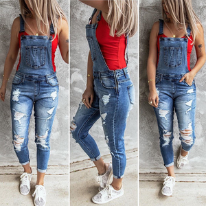 Women Ripped Denim Overalls Slim Fit Suspender Pants Distressed Jean Jumpsuit Side Zipper Dungarees Skinny Streetwear Jumpsuit