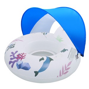 Swimming Ring with Sun Shelter and Lighting up at Night Solar Powered Pool Float Cartoon Pattern Tube Ring IP68 Waterproofing