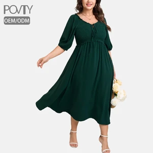 POVTY Custom Printed Plus Size Women's Chiffon Half Puff Sleeve Sweetheart Neck Bowknot Smocked Elastic Waist Wedding Maxi Dress