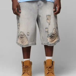 Custom Design Jeans Shorts Men Distressed Old Washed Jorts Vintage Blue Denim Shorts