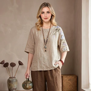 Women's Cashmere Summer Top Ethnic Style Embroidered Floral Plus Size Loose Fit Artistic Retro Chinese Style T Shirt For Women