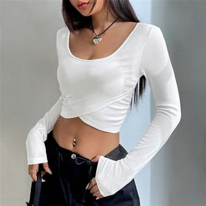 Hot Sale Casual Plain Sexy Crop Tops Spring Pullover Slim Basic Fashion Long Sleeve U Neck T Shirts Top for Women