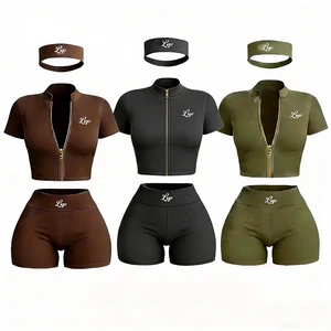 Women Summer Clothes 3 Piece Shorts Set Custom Workout Sets Zip Up Short Sleeve Jacket And Shorts Set Tracksuit For Women